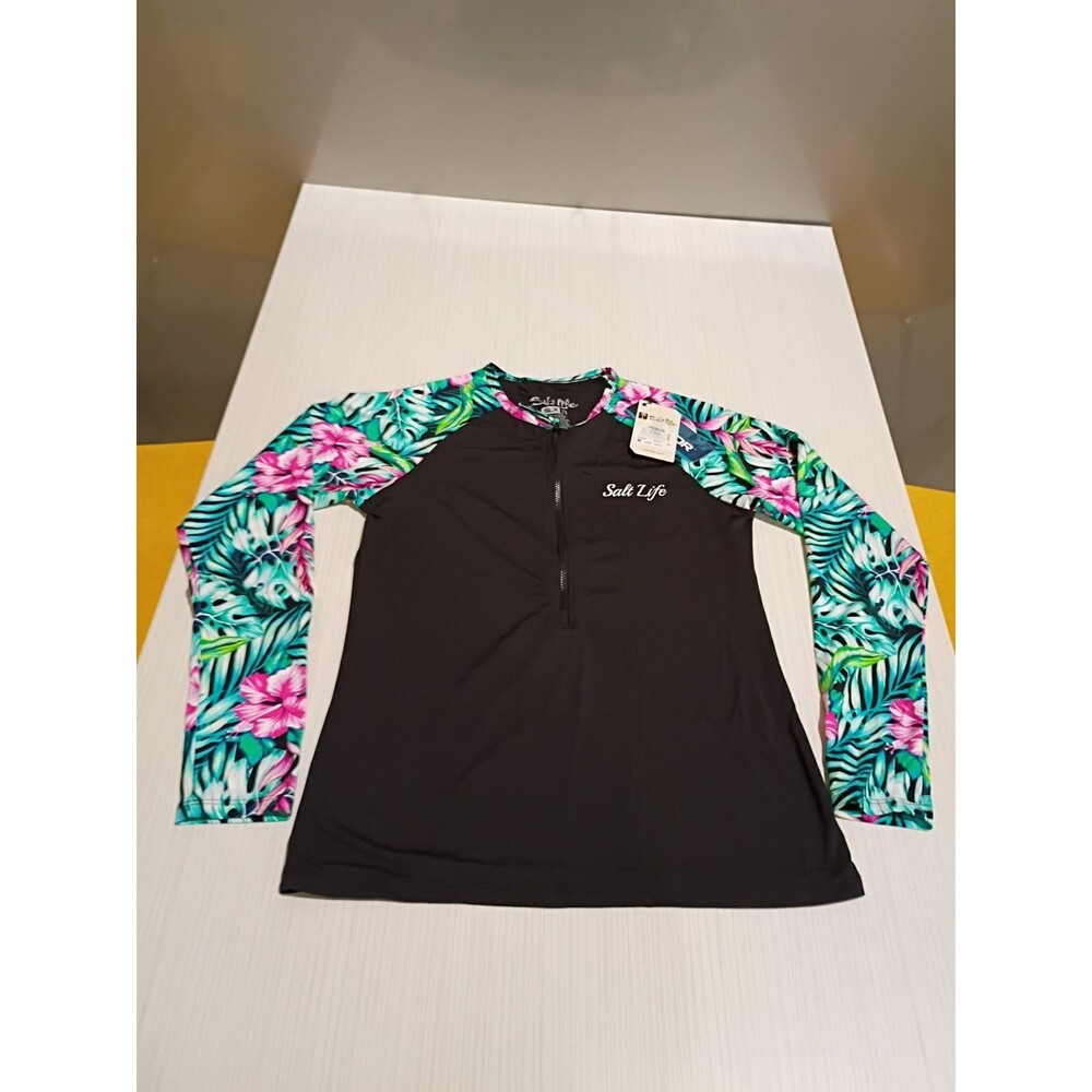 Salt Life Rash Guard Womens Medium Black Tropical Long Sleeve Swim Shirt NEW